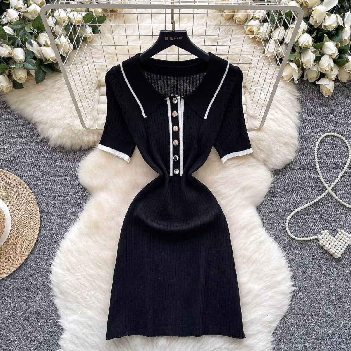 Chic Elastic Knit Polo-Neck Button Bodycon Short Sleeve Women Elegant Korean Fashion Vestidos Summer Slim Wrap Pencil Dress