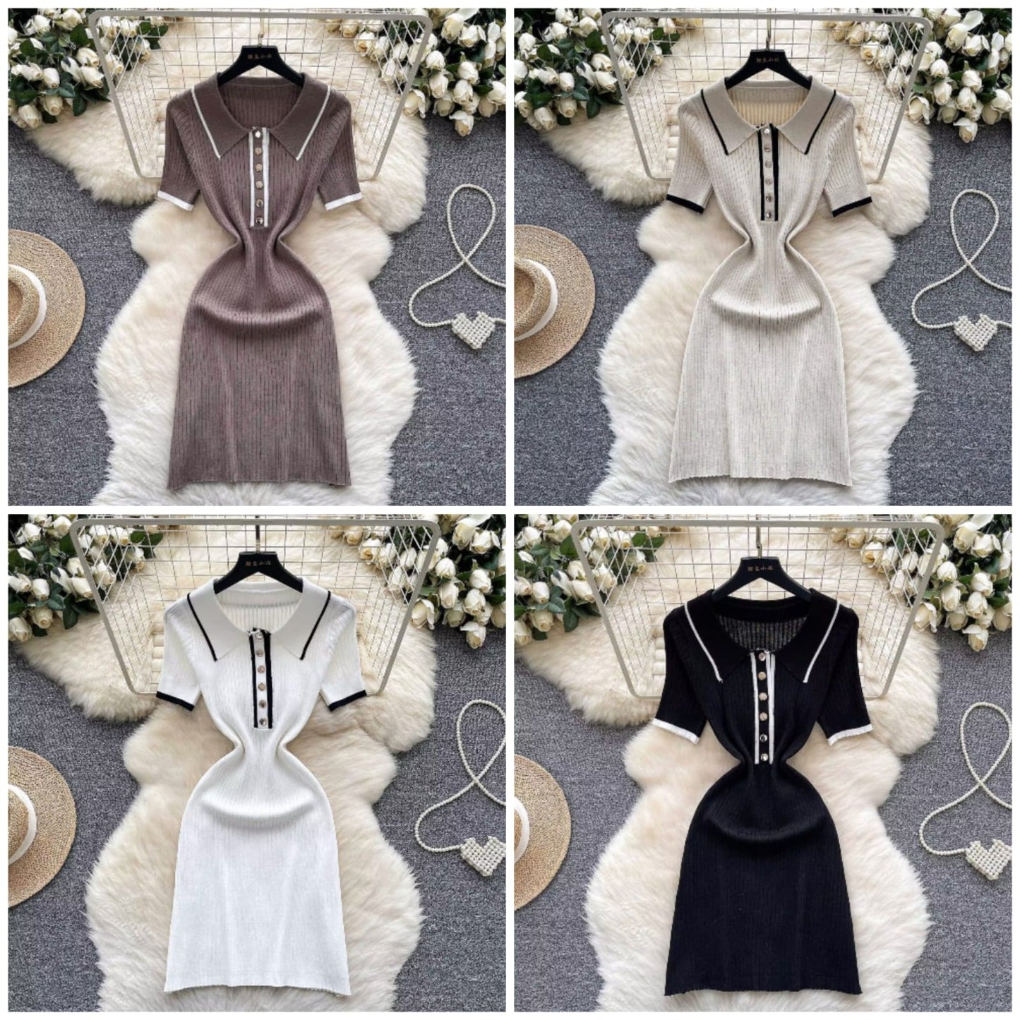 Chic Elastic Knit Polo-Neck Button Bodycon Short Sleeve Women Elegant Korean Fashion Vestidos Summer Slim Wrap Pencil Dress