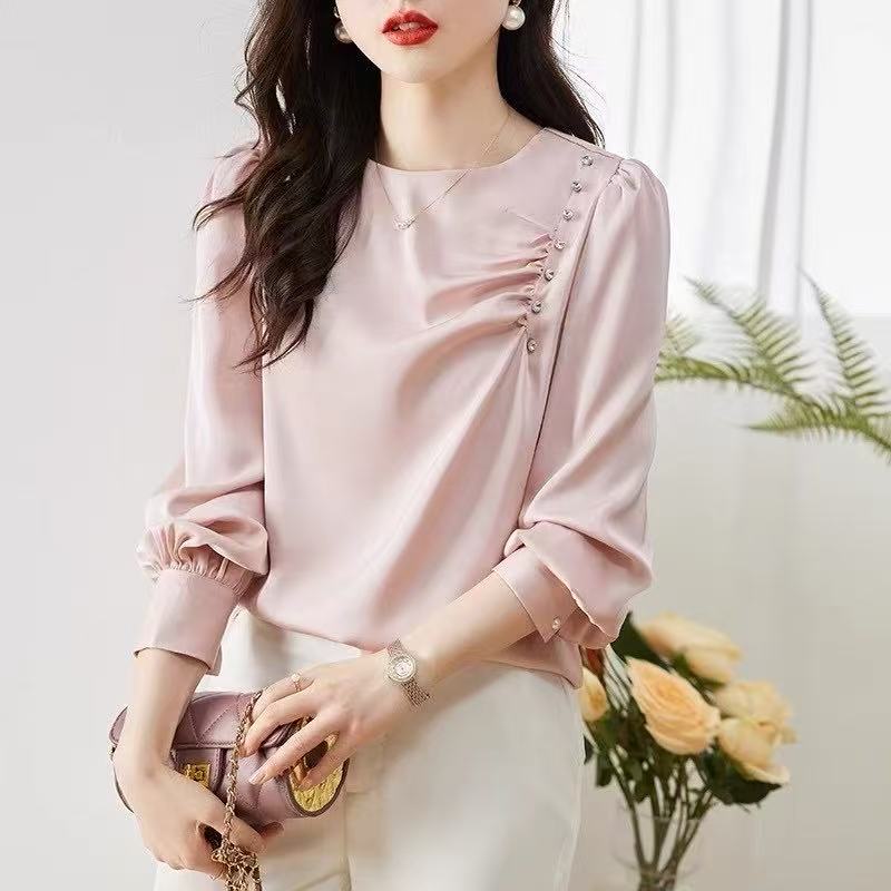 Autumn new simple round neck fashion ruffled nails beaded side decoration long sleeve chiffon shirt Woman Korean style sweet puffed sleeve solid color OL elegant blouse