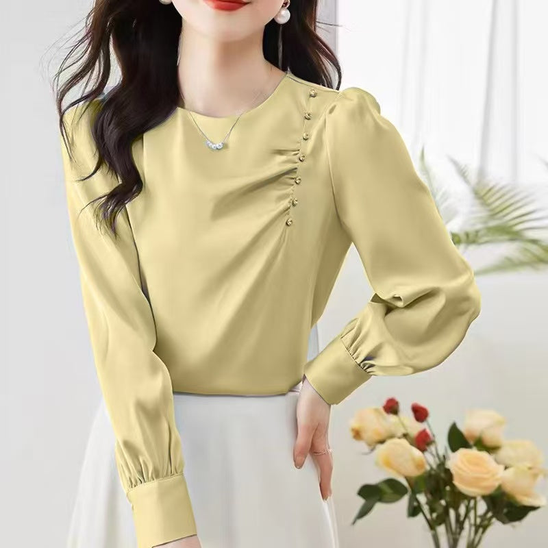 Autumn new simple round neck fashion ruffled nails beaded side decoration long sleeve chiffon shirt Woman Korean style sweet puffed sleeve solid color OL elegant blouse
