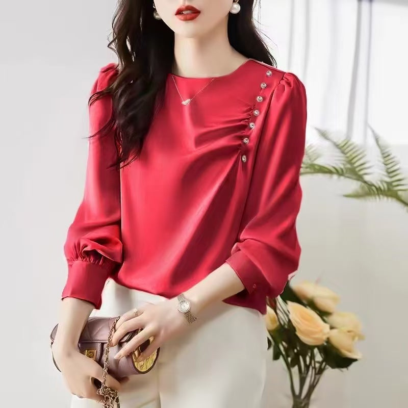 Autumn new simple round neck fashion ruffled nails beaded side decoration long sleeve chiffon shirt Woman Korean style sweet puffed sleeve solid color OL elegant blouse