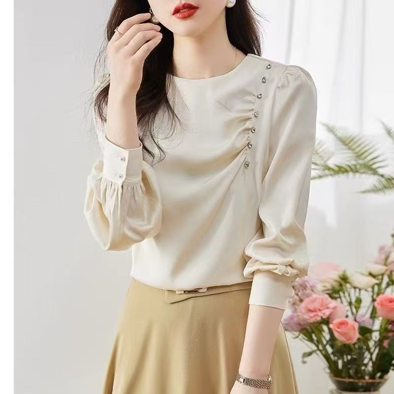 Autumn new simple round neck fashion ruffled nails beaded side decoration long sleeve chiffon shirt Woman Korean style sweet puffed sleeve solid color OL elegant blouse