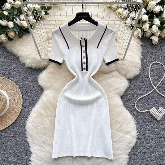 Chic Elastic Knit Polo-Neck Button Bodycon Short Sleeve Women Elegant Korean Fashion Vestidos Summer Slim Wrap Pencil Dress