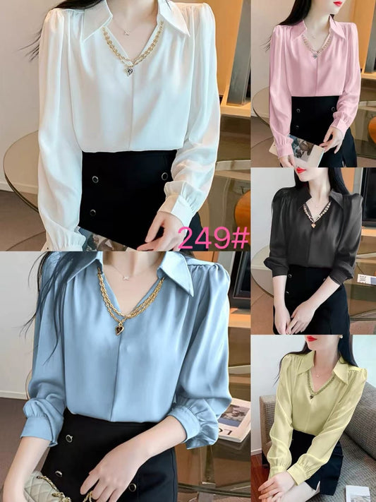 V-neck long sleeve blouse.
