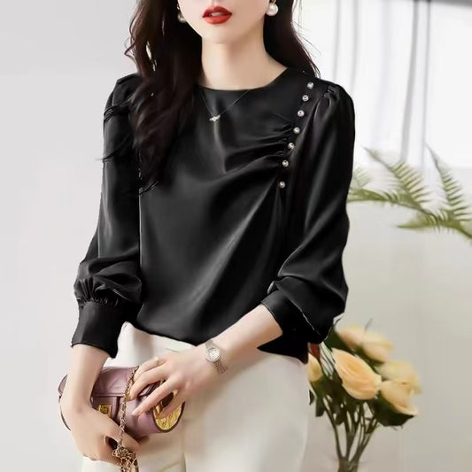 Autumn new simple round neck fashion ruffled nails beaded side decoration long sleeve chiffon shirt Woman Korean style sweet puffed sleeve solid color OL elegant blouse