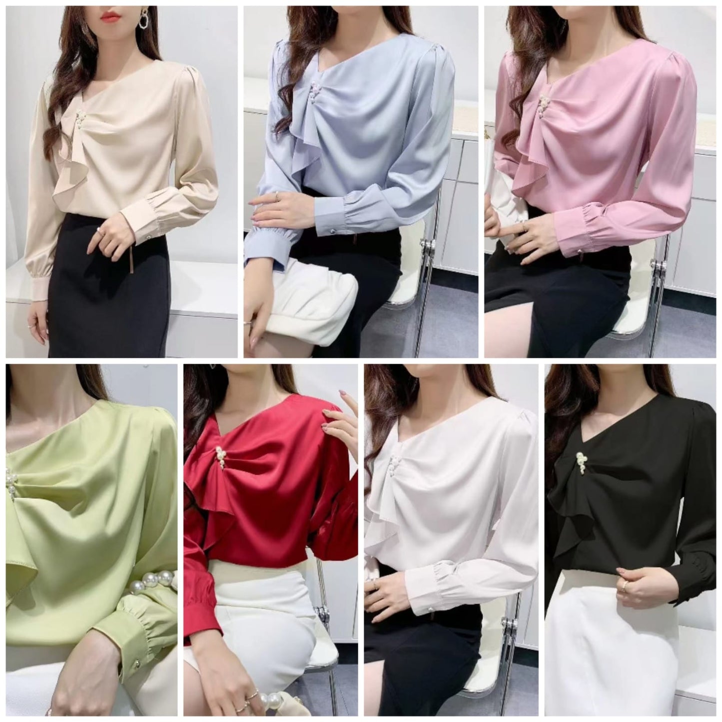 ruffled blouse with pearl.blouse has long sleeves and gathered accents on the chest, along with a pearl embellishment near the neckline.