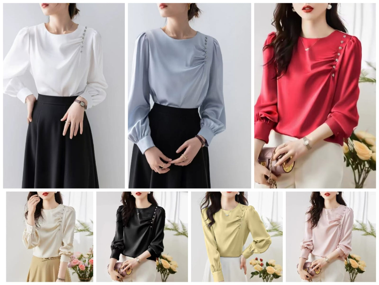 Autumn new simple round neck fashion ruffled nails beaded side decoration long sleeve chiffon shirt Woman Korean style sweet puffed sleeve solid color OL elegant blouse