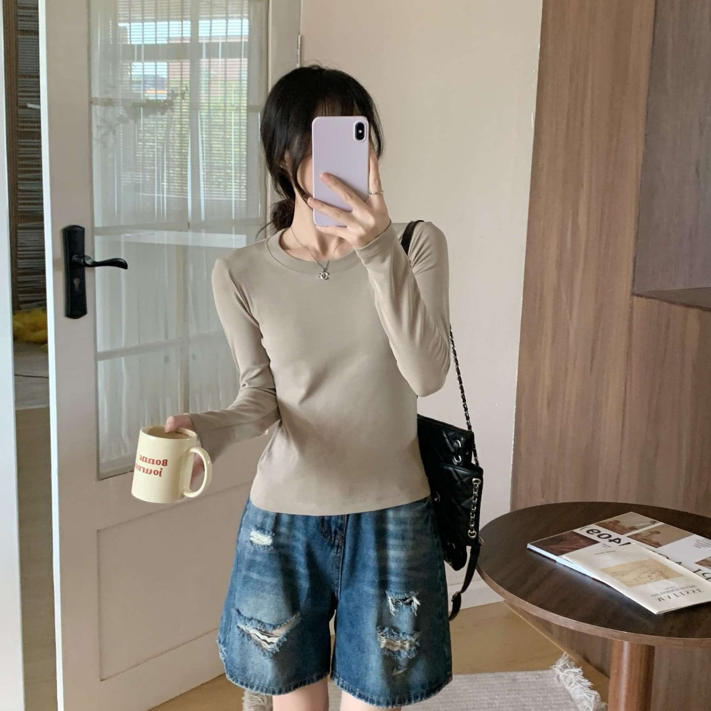 shoulder-length sleeve T-shirt women's autumn and winter stretch slim slim cropped shirt with a cotton base layer top
