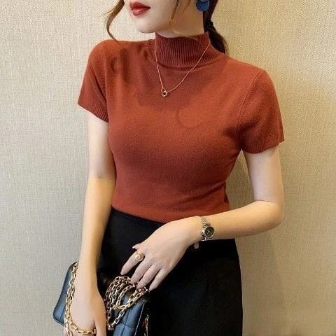 Women Turtle neck short sleeves knitted Blouse/Top