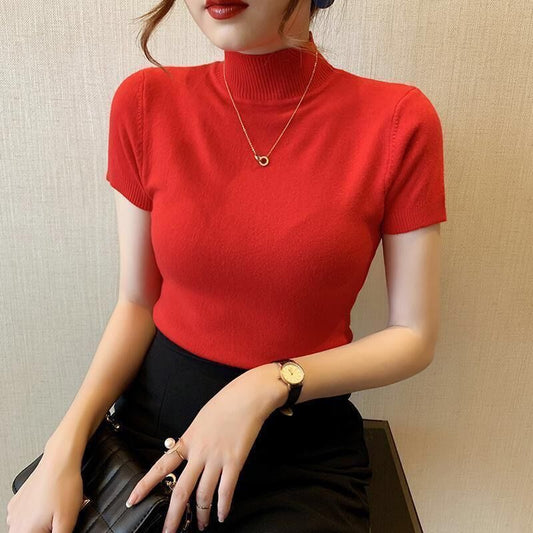 Women Turtle neck short sleeves knitted Blouse/Top