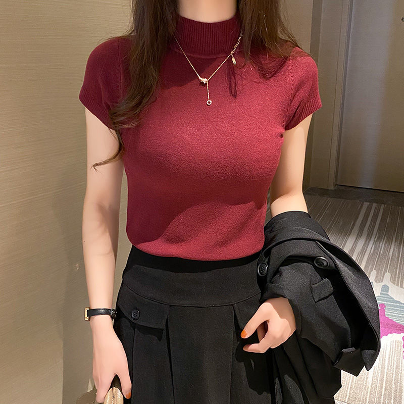 Women Turtle neck short sleeves knitted Blouse/Top