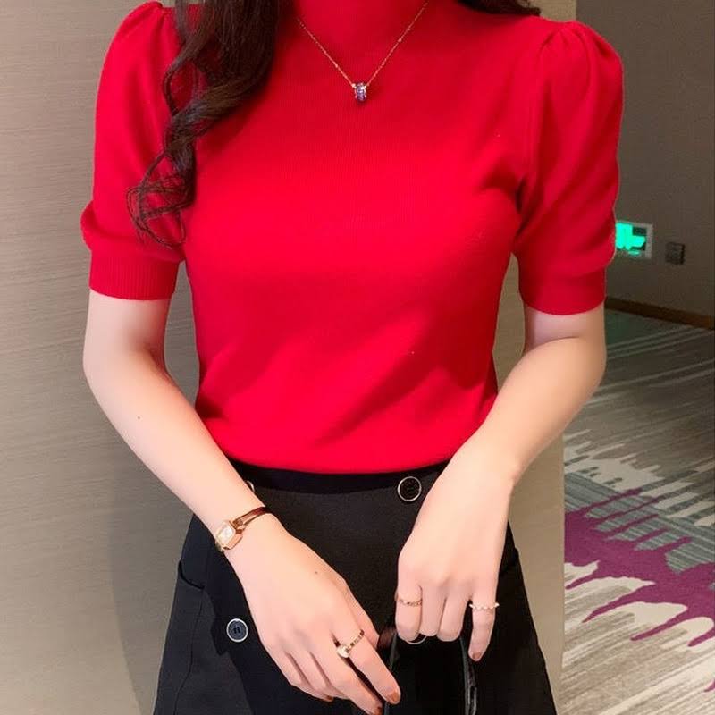 Women Turtle neck Puff sleeves knitted Blouse/Top