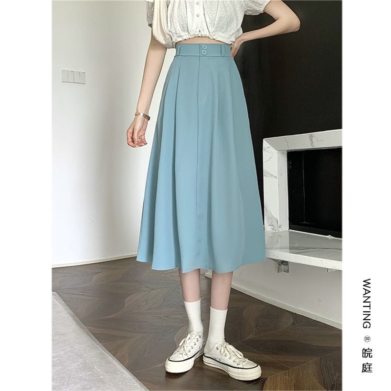 Women Summer Midi Skirt Beige Solid Color Splicing Pleated Skirt Back Zipper Elegant High Waist A-Line Pleated Skirt Beach Swing Prom Party Casual Skirt