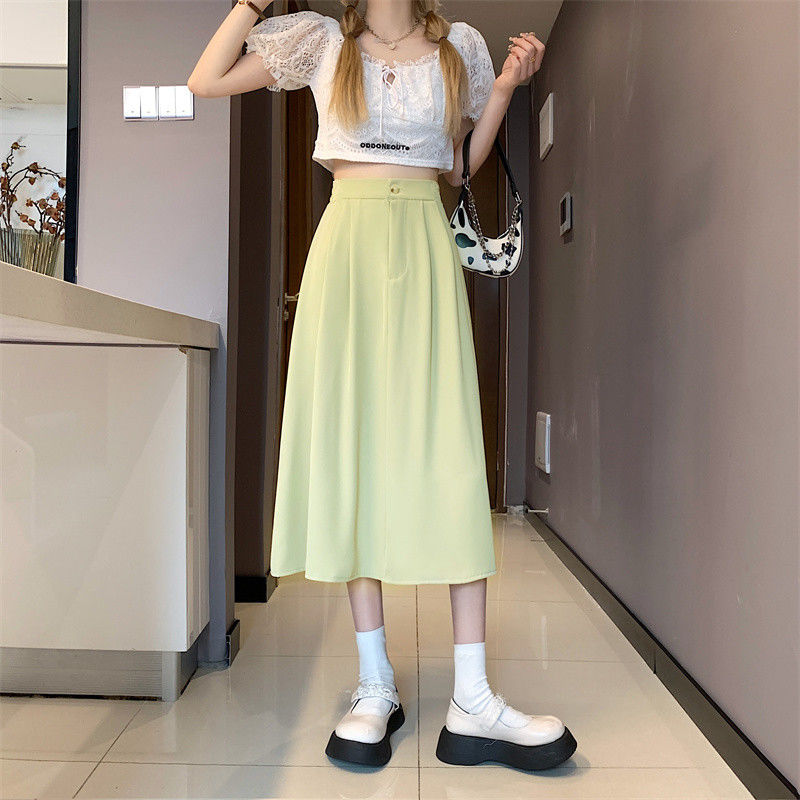 Women Summer Midi Skirt Beige Solid Color Splicing Pleated Skirt Back Zipper Elegant High Waist A-Line Pleated Skirt Beach Swing Prom Party Casual Skirt