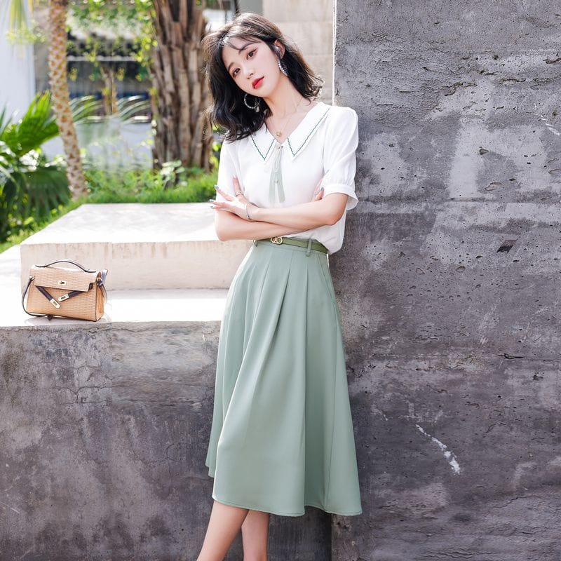 Women Summer Midi Skirt Beige Solid Color Splicing Pleated Skirt Back Zipper Elegant High Waist A-Line Pleated Skirt Beach Swing Prom Party Casual Skirt