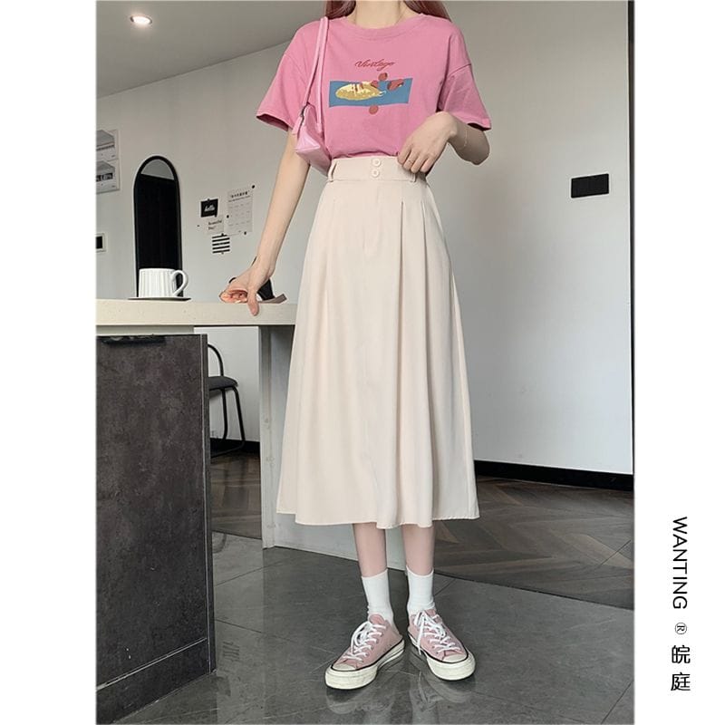 Women Summer Midi Skirt Beige Solid Color Splicing Pleated Skirt Back Zipper Elegant High Waist A-Line Pleated Skirt Beach Swing Prom Party Casual Skirt