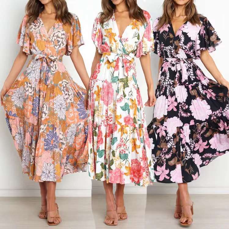 Long Dresses Ladies Summer Fashion Dress Lace Up Printed V Neck Sexy Dress Short Sleeve Long Dresses Casual Long Dress