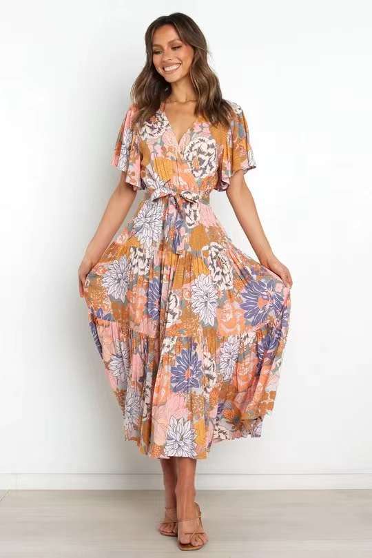 Long Dresses Ladies Summer Fashion Dress Lace Up Printed V Neck Sexy Dress Short Sleeve Long Dresses Casual Long Dress