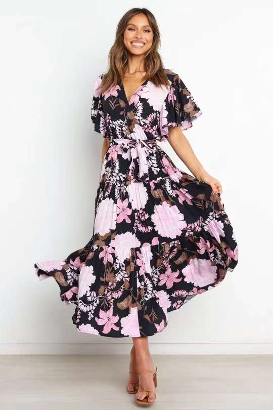 Long Dresses Ladies Summer Fashion Dress Lace Up Printed V Neck Sexy Dress Short Sleeve Long Dresses Casual Long Dress