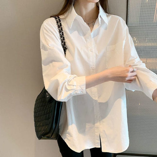 Women Casual Chiffon V Neck Long Sleeve Button Down Blouse Solid Color Shirts Top