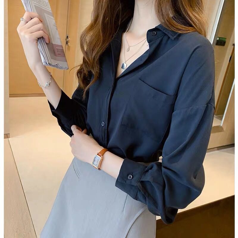 Women Casual Chiffon V Neck Long Sleeve Button Down Blouse Solid Color Shirts Top