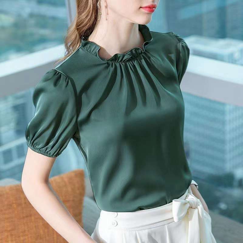 Women's Chiffon Blouse Short Sleeve Elegant Shirt Korean Fashion Tops 