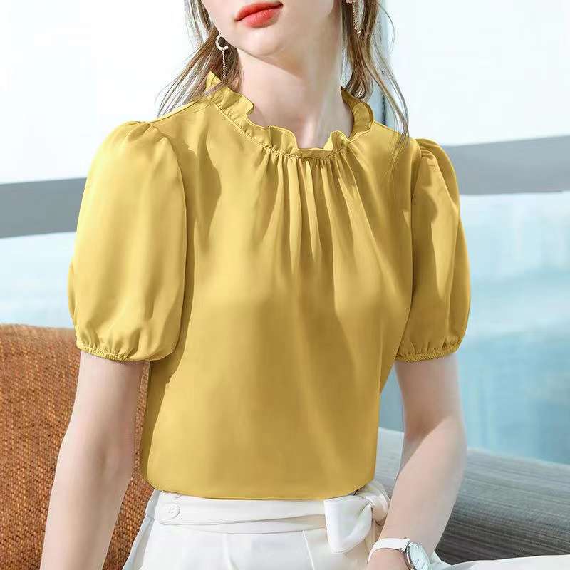 Women's Chiffon Blouse Short Sleeve Elegant Shirt Korean Fashion Tops 