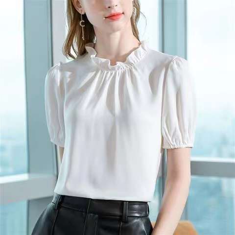 Women's Chiffon Blouse Short Sleeve Elegant Shirt Korean Fashion Tops 