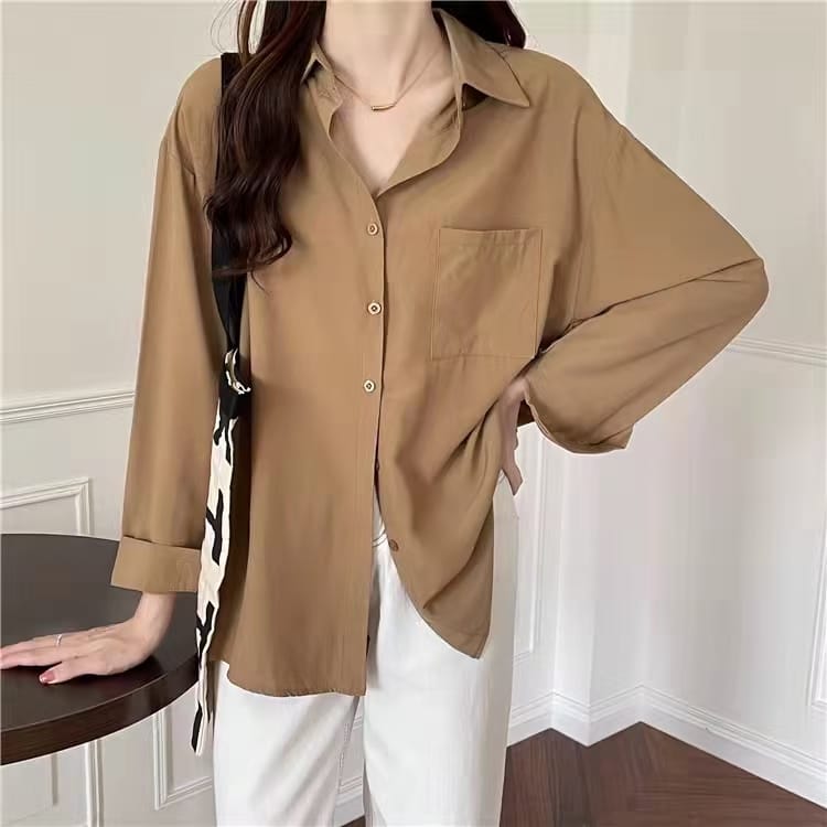 Women Casual Chiffon V Neck Long Sleeve Button Down Blouse Solid Color Shirts Top