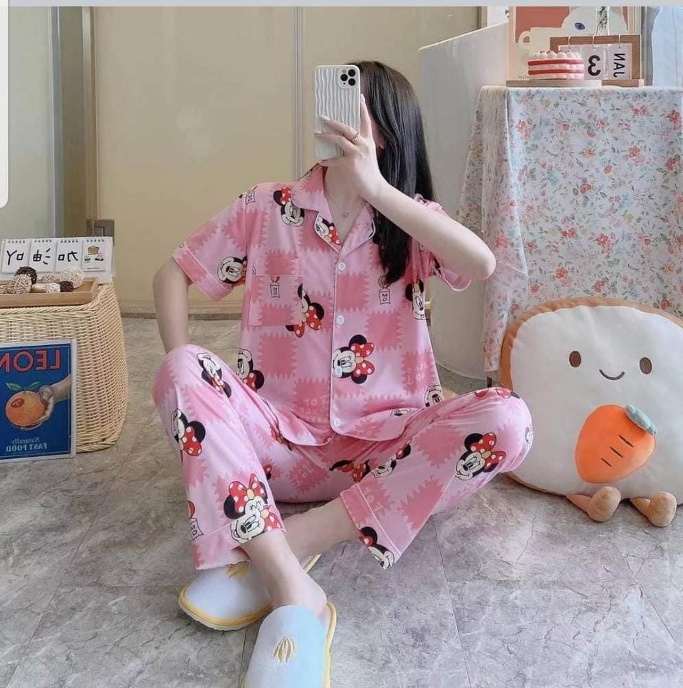 Thin Womens Pajamas Spring and Autumn Short-Sleeved Trousers Two-Piece Suit Button Down Nightwear Soft Pj Sets