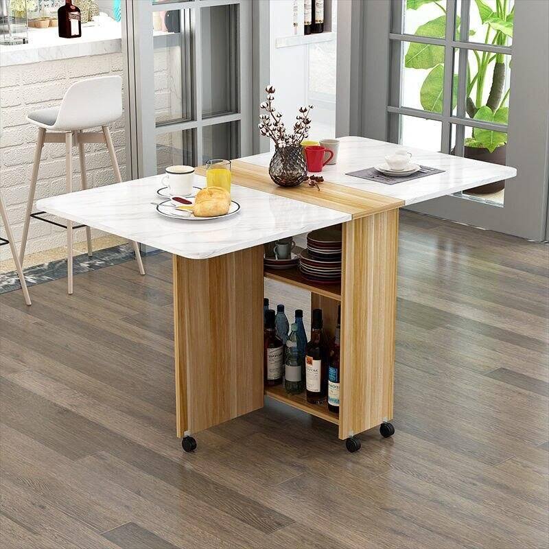 Kitchen Dinner Table, Rectangle Wood Drop Leaf Table, Expandable Folding Dining Table with 6 Wheels, Round Edge Design, for Small Space Dining Table