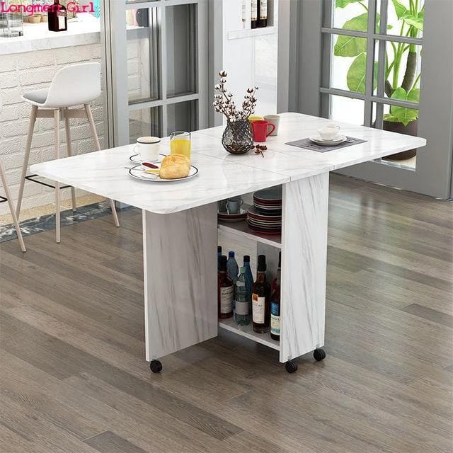 Kitchen Dinner Table, Rectangle Wood Drop Leaf Table, Expandable Folding Dining Table with 6 Wheels, Round Edge Design, for Small Space Dining Table