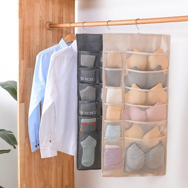 Large Underwear Organiser for Wardrobe Wall Mount Bra Hanger Double Side Cloth Hanging Shelf Space-Saving Storage Bags with Hanger for Toys Purses Towels Socks Bra, 24 Mesh Pockets