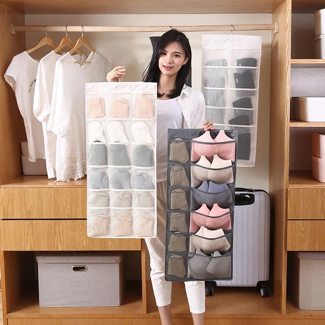 Large Underwear Organiser for Wardrobe Wall Mount Bra Hanger Double Side Cloth Hanging Shelf Space-Saving Storage Bags with Hanger for Toys Purses Towels Socks Bra, 24 Mesh Pockets