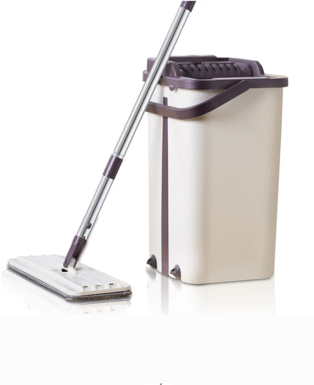 Microfiber Flat Mop With Bucket, Cleaning Squeeze Hand Free Floor Mop,2 Washable & REUsable Pads, Stainless Steel Handle, Brown