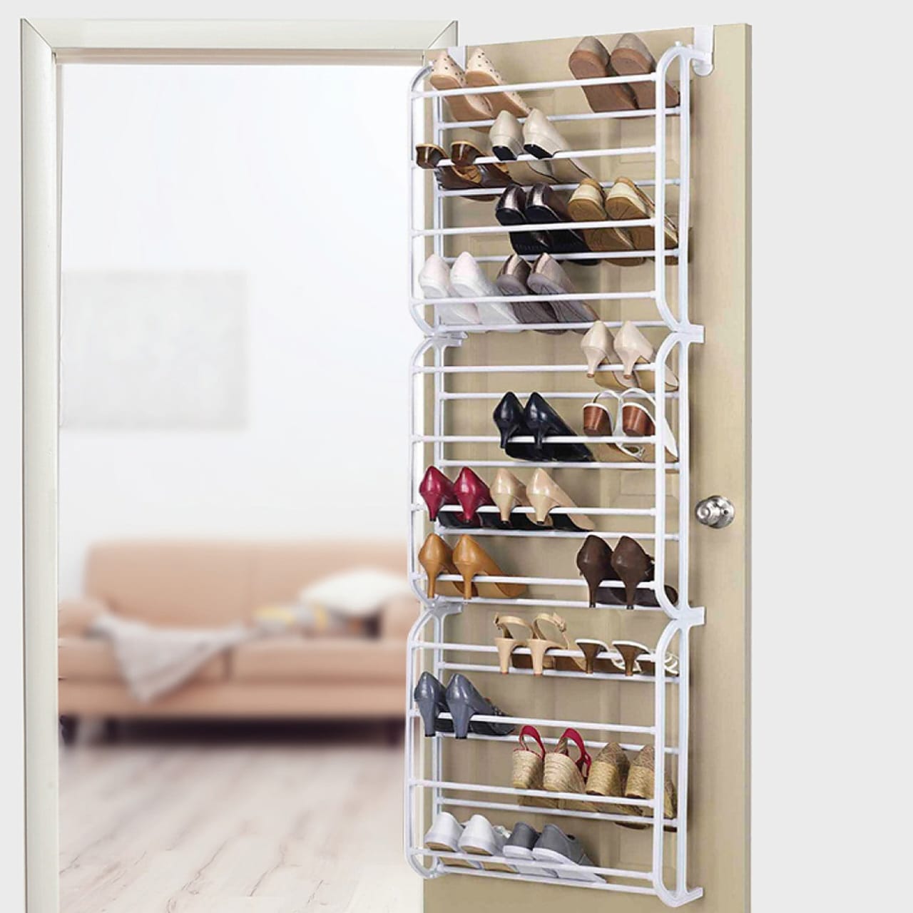 The Door Wall Hanging 36-Pair Shoe Rack. Fits Over Standard-Size Doors, 12 Shelves Design, Holds Sneakers, Heels, Sandals, Low Boots. Shelf Closet Wall Hanging Organizer Storage Shoe Stand