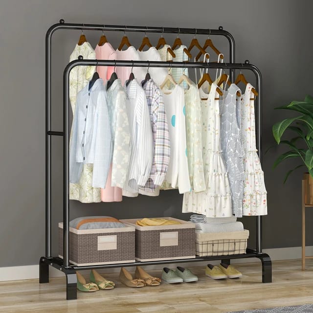 Freestanding Metal Clothes Rack with Double Pole Double Layer Storage Shelf, Black