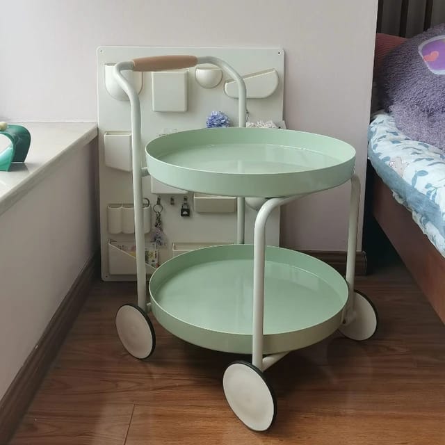 Open 2-Tier Storage Round Side Table with Wheels, Snack Table, End Side Table with Handle, for Bedroom, Balcony, Office, Kitchen, Toilet, Easy Assembly