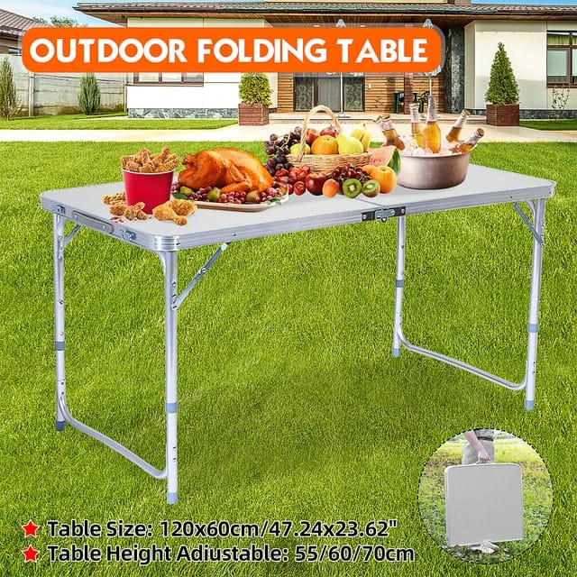 Folding Table Portable Picnic Table: Upgraded 120cm Rectangle Camping Desk Height Adjustable with 4 Chairs & Carry Handle Multipurpose for Outdoor Camping Picnic BBQ Party Dining White