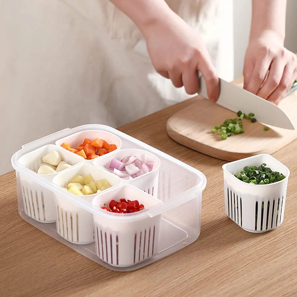 New 6 In 1 Scallion Storage Box - Reusable Fridge Food Storage Box With Lids, Detachable Kitchen Drain Basket For Ginger Garlic Onion