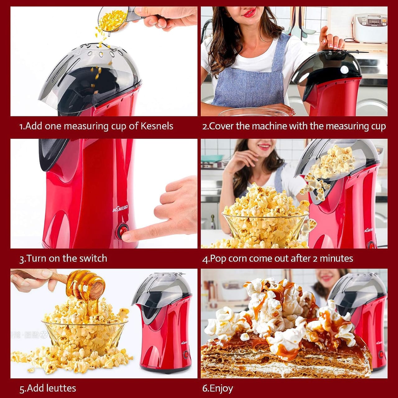 Electric Hot Air Popcorn Popper, Healthy Snack, Makes up to 18 Cups, Red 