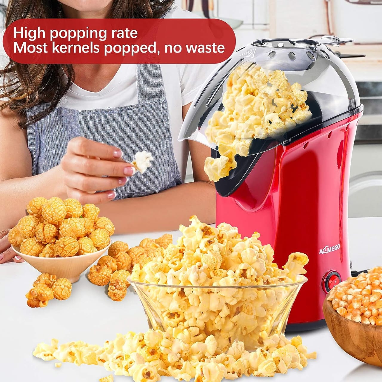 Electric Hot Air Popcorn Popper, Healthy Snack, Makes up to 18 Cups, Red 