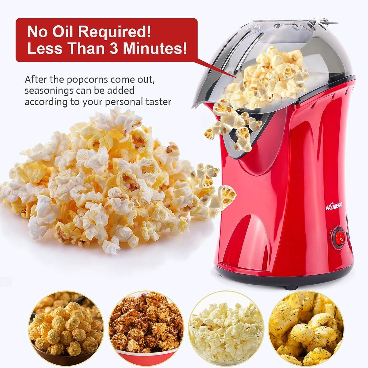 Electric Hot Air Popcorn Popper, Healthy Snack, Makes up to 18 Cups, Red 