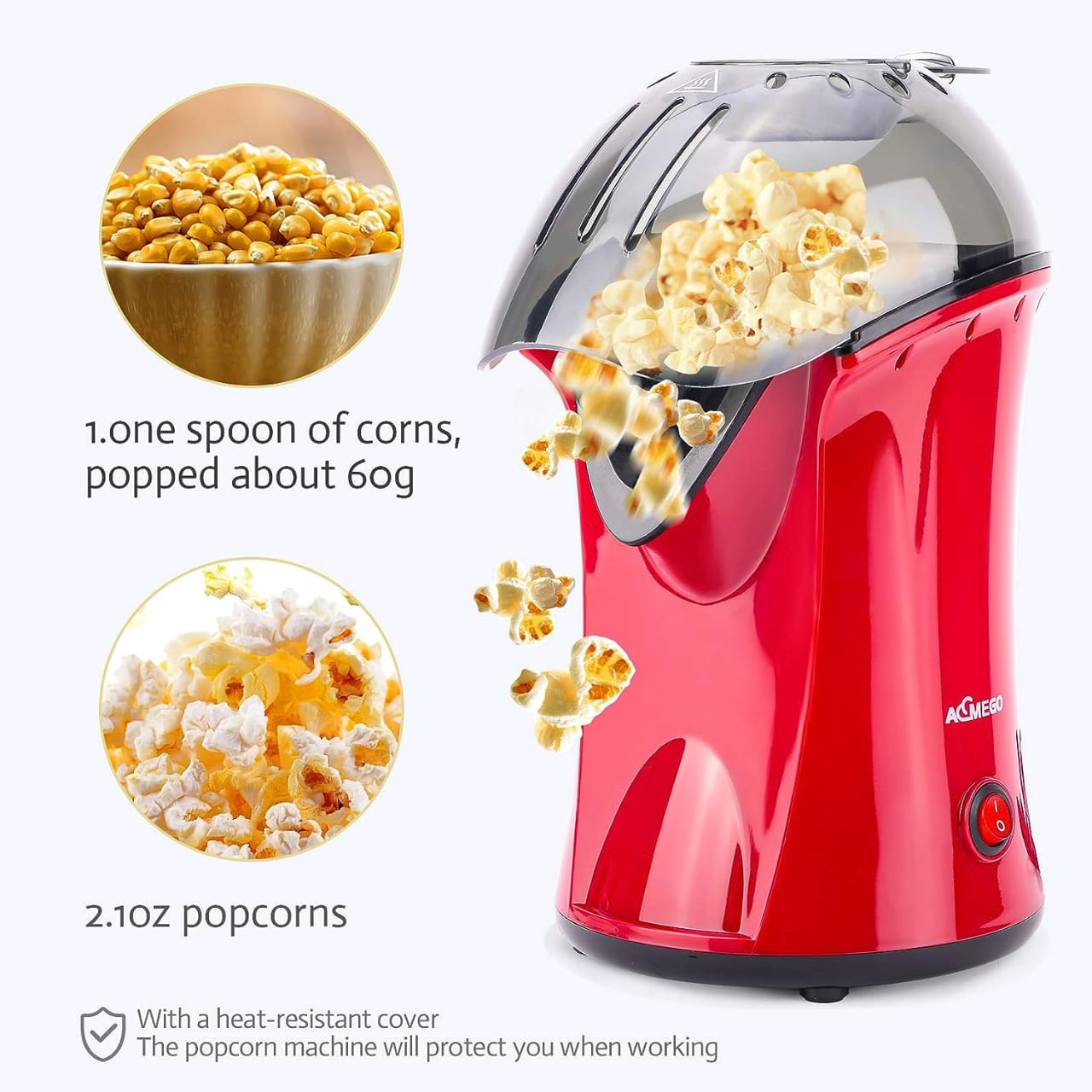 Electric Hot Air Popcorn Popper, Healthy Snack, Makes up to 18 Cups, Red 