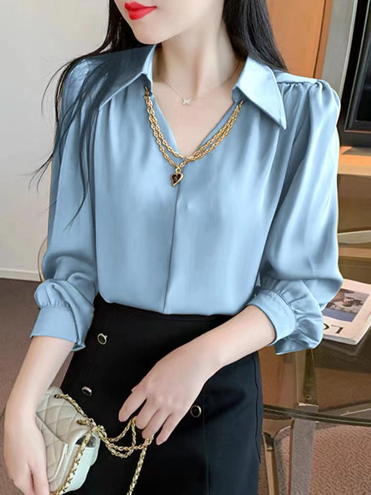V-neck long sleeve blouse.