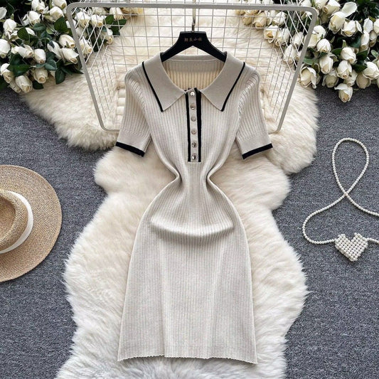 Chic Elastic Knit Polo-Neck Button Bodycon Short Sleeve Women Elegant Korean Fashion Vestidos Summer Slim Wrap Pencil Dress