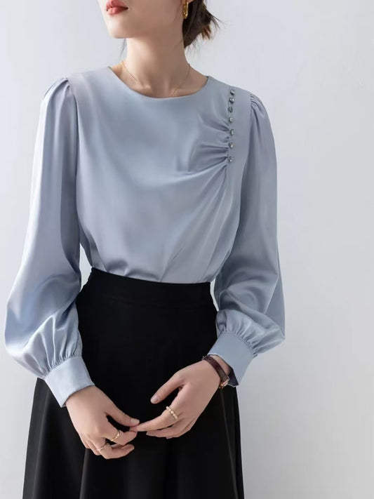 Autumn new simple round neck fashion ruffled nails beaded side decoration long sleeve chiffon shirt Woman Korean style sweet puffed sleeve solid color OL elegant blouse