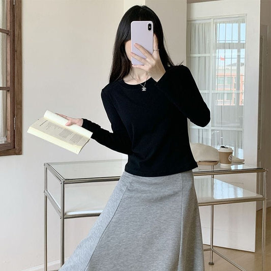 shoulder-length sleeve T-shirt women's autumn and winter stretch slim slim cropped shirt with a cotton base layer top