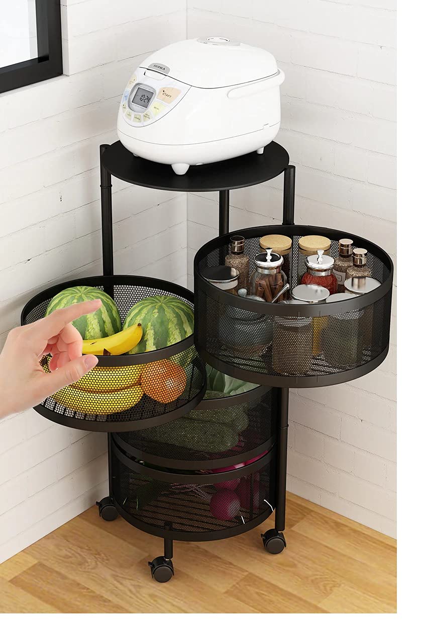 HOME CUBE Metal 3 Layer Portable Rotating Round Storage Rack for Fruits & Vegetable , Black