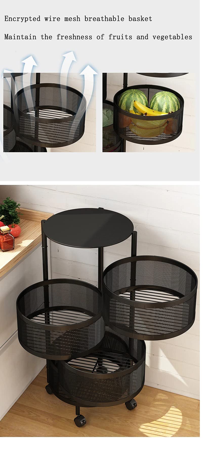 HOME CUBE Metal 3 Layer Portable Rotating Round Storage Rack for Fruits & Vegetable , Black